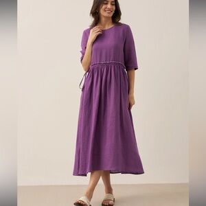 Lintico 100% Linen Petal-Waist Drawstring Midi Dress JASMINE Size XL